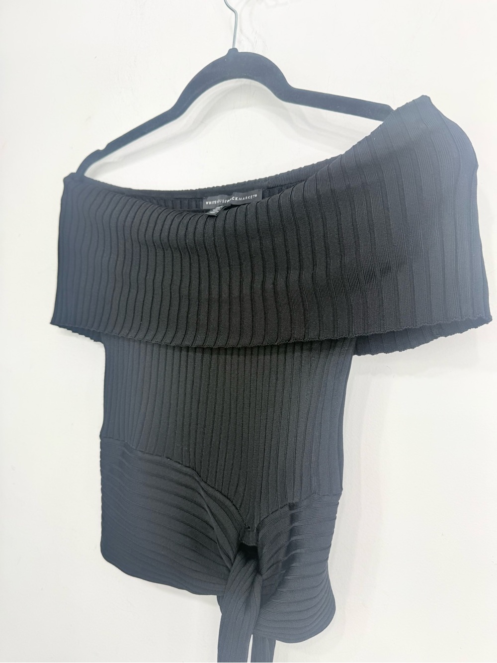 White House Black Market Black Ribbed Knit Off Shoulder Side Tie Crop Sweater - Picture 7 of 13